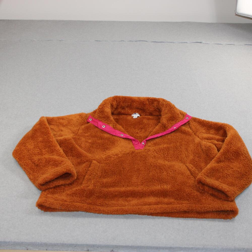 J Crew Sweater Women XL Brown Fleece Pullover Snap Neck V Neck Teddy Comfortable